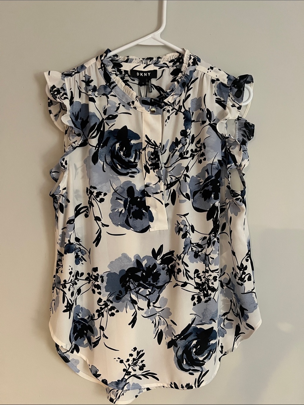 DKNY White and Blue Floral Ruffle Cap-Sleeve Camisole